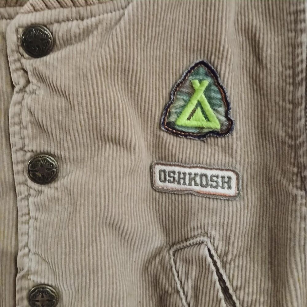 OshKosh tan corduroy bomber jacket zipper snaps navy hood patch 2T classic basic - Picture 2 of 6